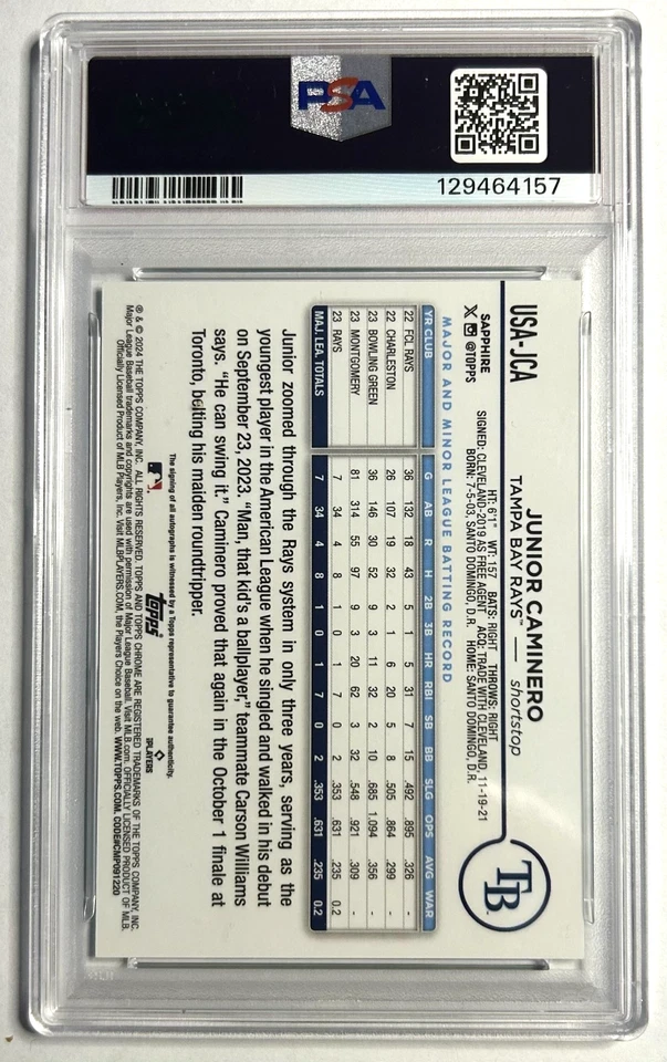 2024 Topps Chrome Update Sapphire Green Auto /99 Junior Caminero PSA 10 USA-JCA - Image 2 of 2