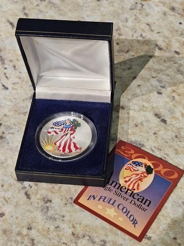 2000 American Eagle Colorized .999 Fine Silver Dollar in Full Color Box & COA