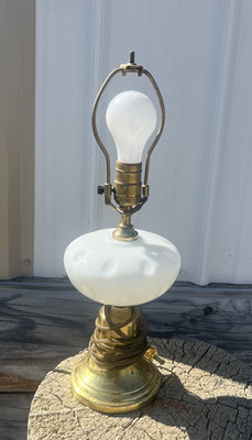 Vintage Milk Glass Table Lamp Brass-Toned Metal Base 17'' Aladdin Style