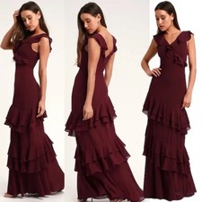 Lulus Majesty Burgundy Ruffled Chiffon Tiered Maxi Dress Size Medium Chic 90s