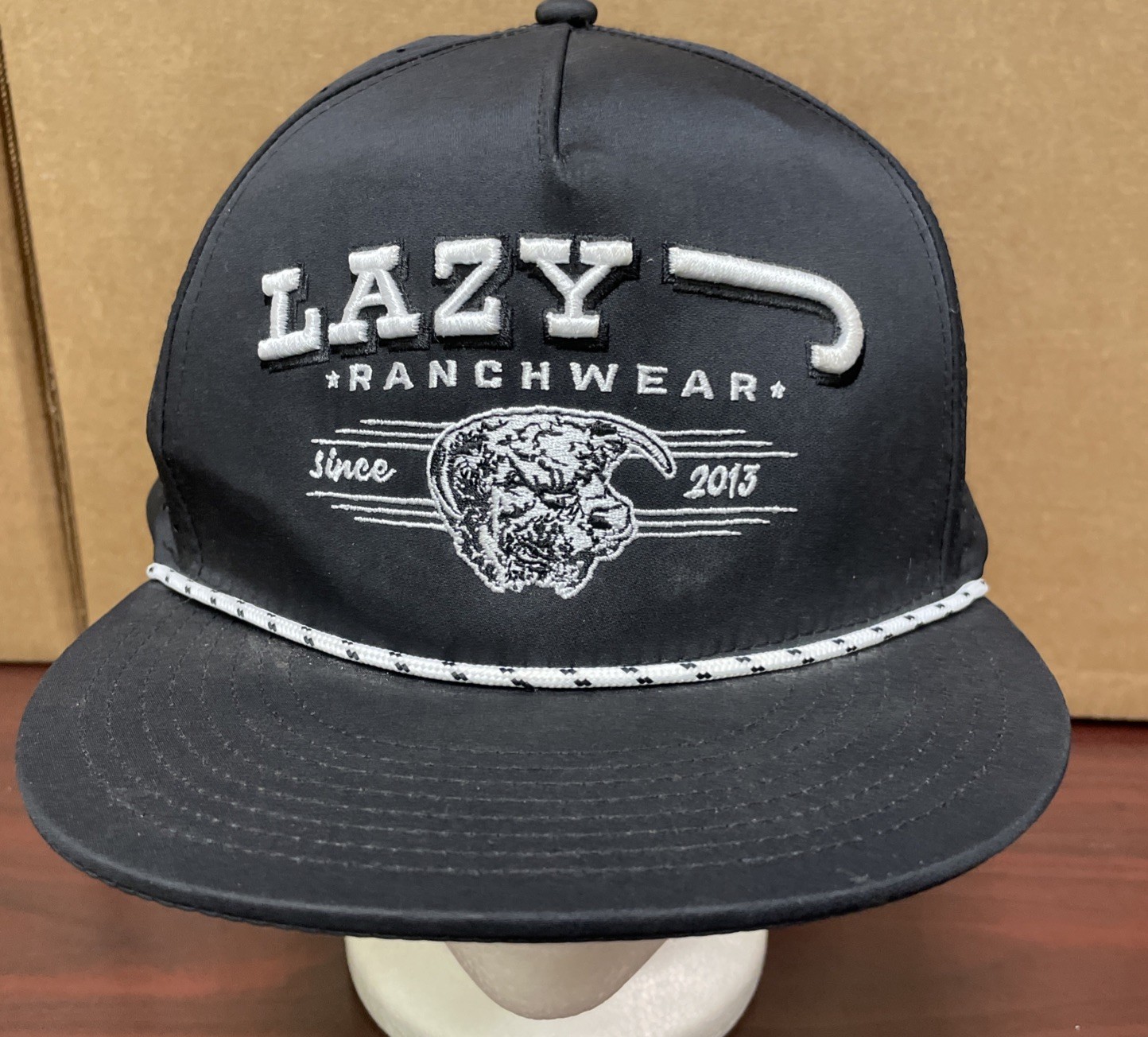 Lazy J Ranchwear Black Hat Cap Rope Accent Bull Logo Mesh Back Adjustable Rodeo