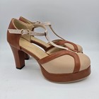 Women's Platform Heels T Strap Shoes Glitter Accent Brown Beige Size 40/8.5 US