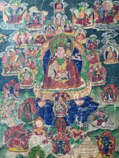 Qing Dynasty Tibetan Thangka painted on silk with sacred stones and minerals