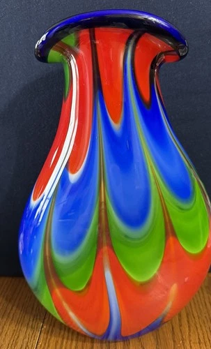 Vintage Murano Cased Art Glass Vase, &  w/ Multi-colored Lines 12 Inch High