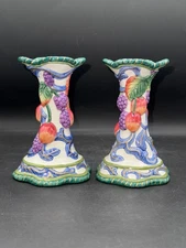 Fitz And Floyd Florentine Fruit Ceramic Majolica Candlestick Holders