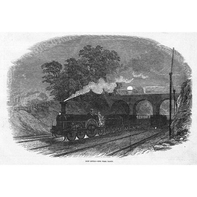 Neuer Stil früher Dampfpostzug von JL Williams - antiker Druck 1849