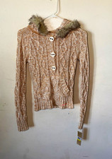 DKNY Jeans Juniors M Cable-Knit Hooded Cardigan Sweater Faux Fur Trim Beige