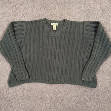 Vintage Eddie Bauer V-Neck Sweater Womens L Cotton Knit Ribbed Green Made in UK