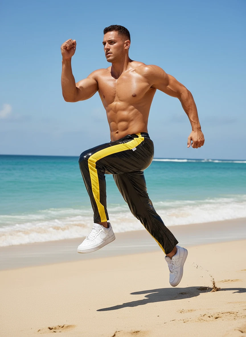 High Gloss Athletic Joggers - Black PU Pants with Yellow Stripe
