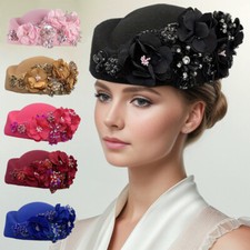New Vintage Felt Turban Hat Womens Church Beret Caps with Flower Stewardess Hats