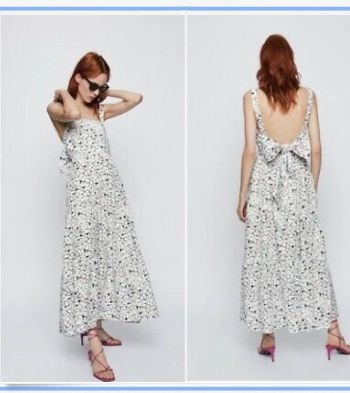 ZARA FLORAL PRINT DRESS WHITE OPEN BACK BOW ROMANTIC LONG RUFFLED. SIZE  LARGE | eBay