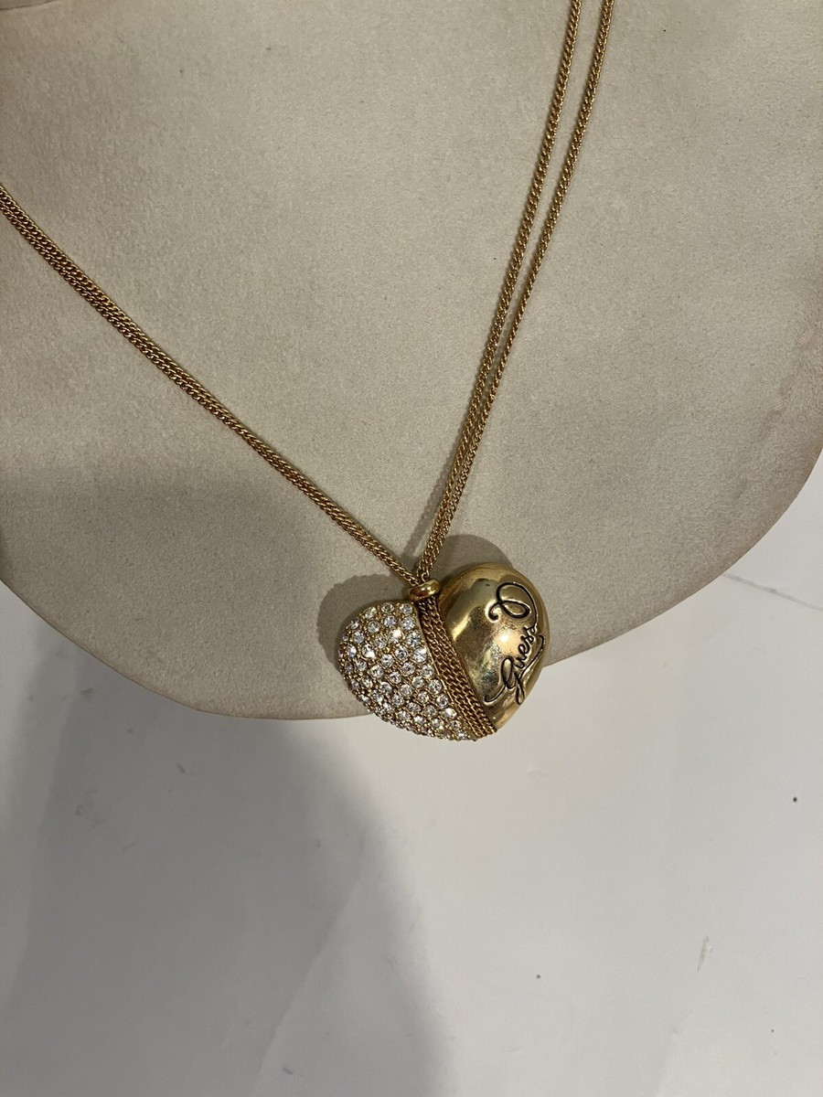 Guess Long Heart Fashion Necklace Gold Tone Rhinestones