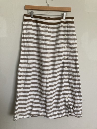 J.Jill 100% Linen Striped Maxi Midi Skirt Button Detail White Beige MEDIUM