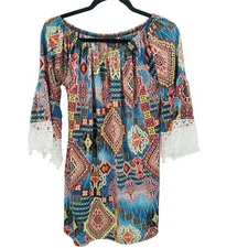 Win Win Half Sleeve Lace Knit Tunic Top Womens Large XL Crochet Geometric Blue 