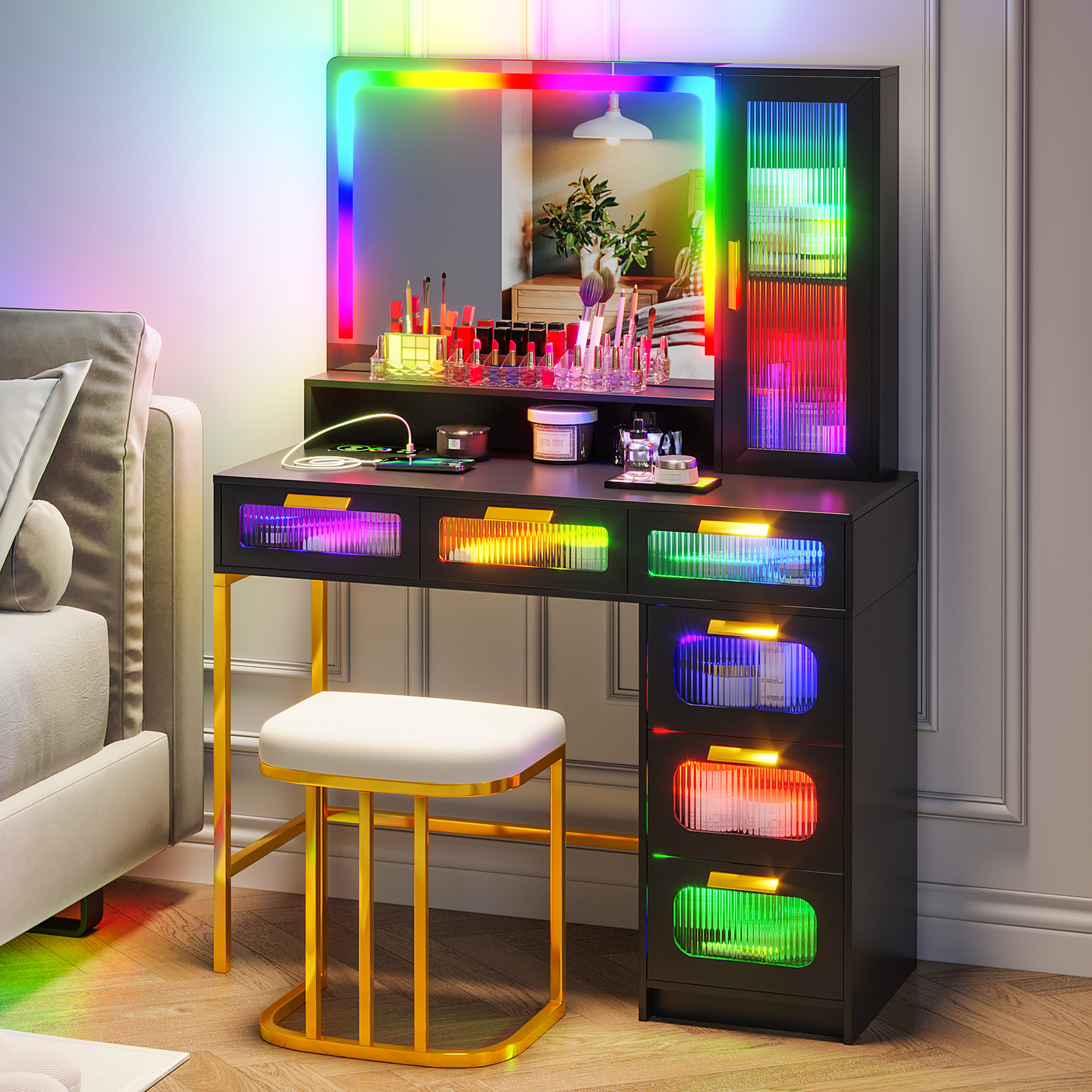 Vanity Desk with Mirror RGB Lights Dresser Set Stool 6 Drawers