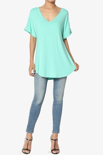 TheMogan S~3X Wide V-Neck Cuffed Short Sleeve Curved Hem Luxe Jersey Top - Picture 182 of 212