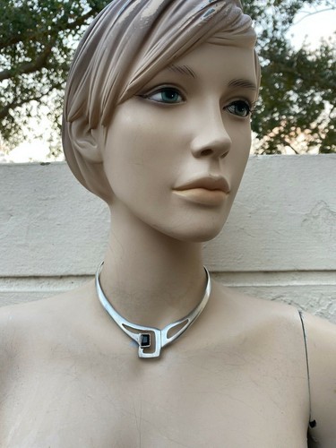 VINTAGE 70's MODERNIST STERLING & ONYX OPEN COLLAR NECKLACE & BRACELET SET 52 gr - 第 2/9 張圖片