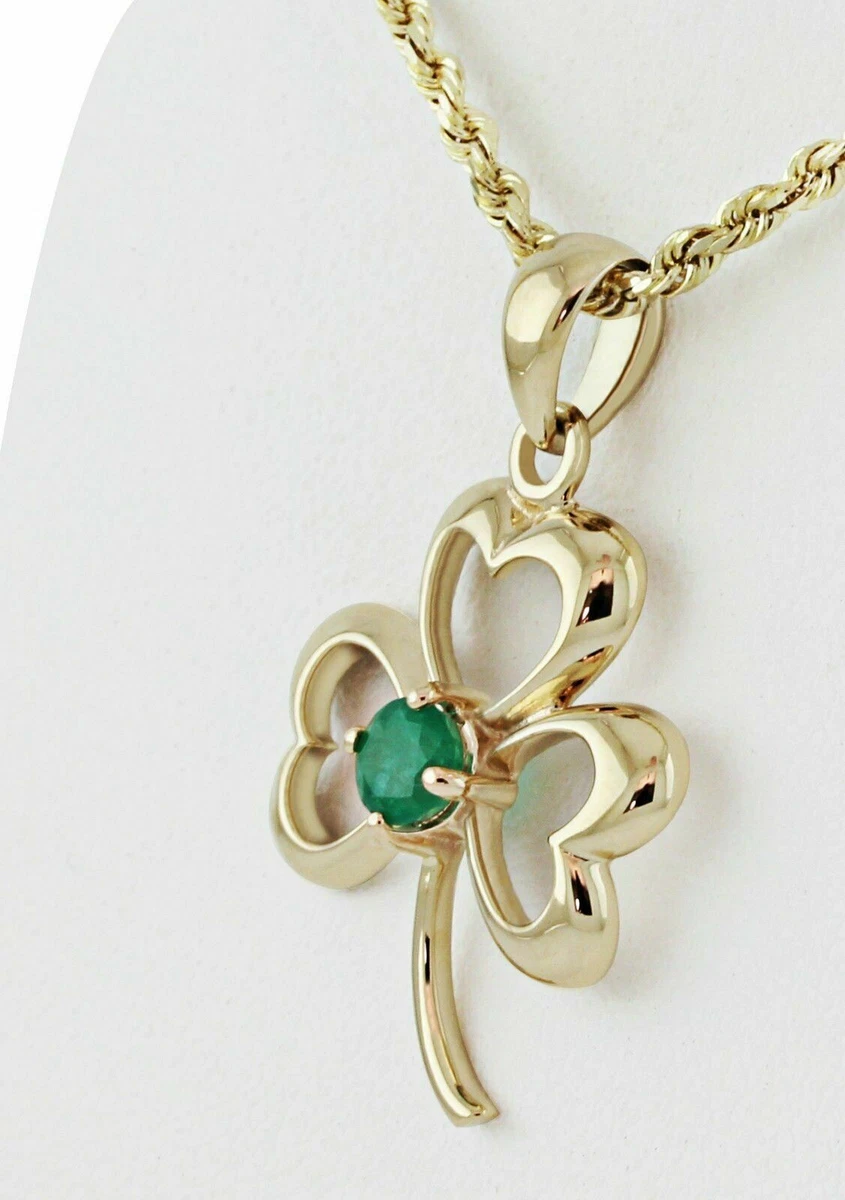 New Solid 14k Yellow Gold Irish Shamrock Clover Genuine Emerald