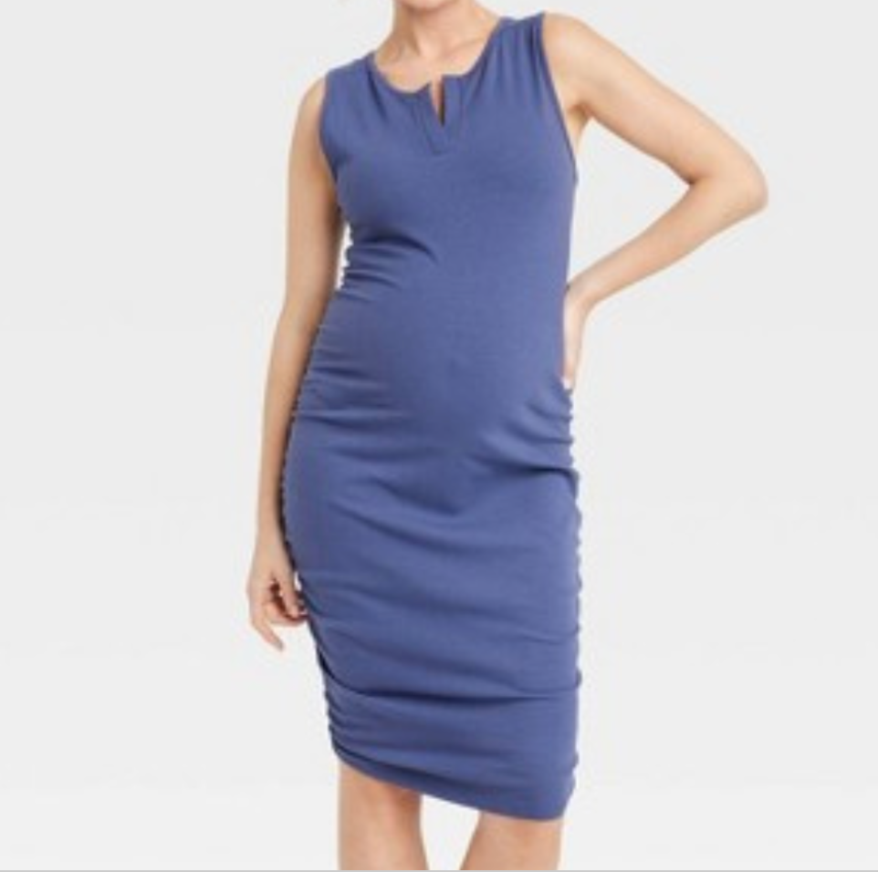 blue ribbed maternity dress HATCH Collection The Kaitlyn Cotton Rib Dress in Navy Ivory Stripe