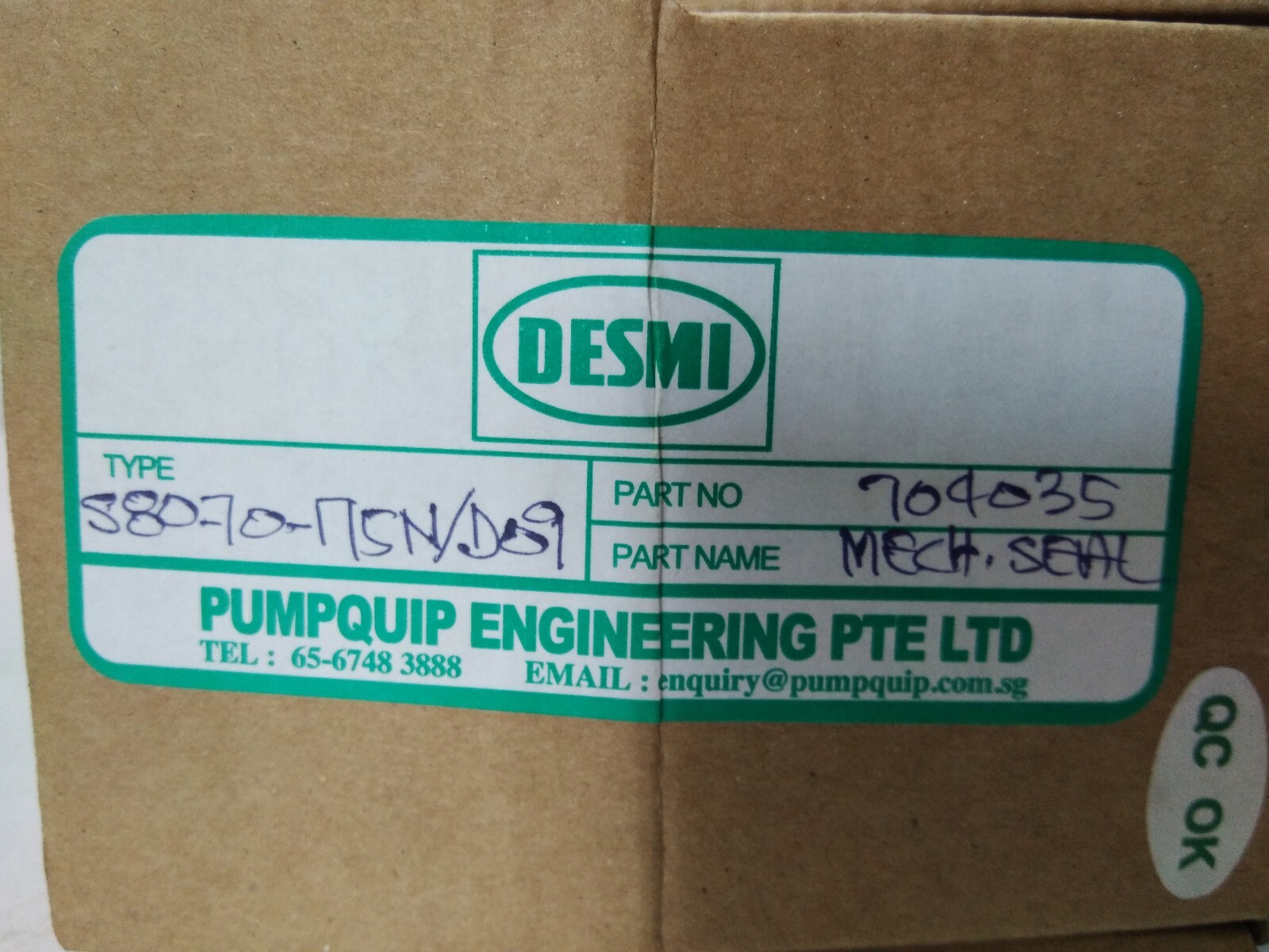 PUMPQUIP ENGINEERING DESMI 704035 TYPES8070Π5N/D09 MECHANICAL SEAL