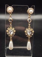 #0153 Gold Tone Pearl Heart Drop Earrings Rhinestone Baroque Romantic 2 Inch
