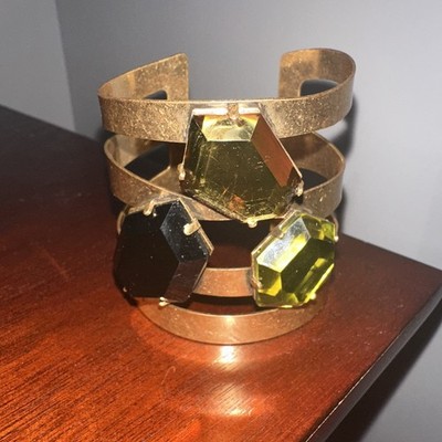 BCBG GENERATION Cuff Bangle Bracelet Gold Tone Cut out 3 Set in Stones