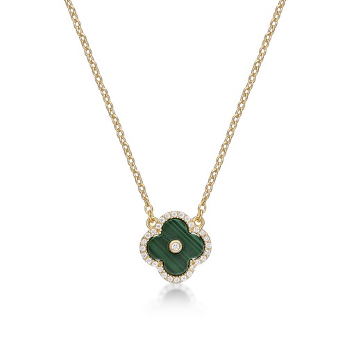 Halskette mit Anhänger Gelbgold plattiert 925 Sterlingsilber Malachit & CZ Blume - Bild 1 von 9