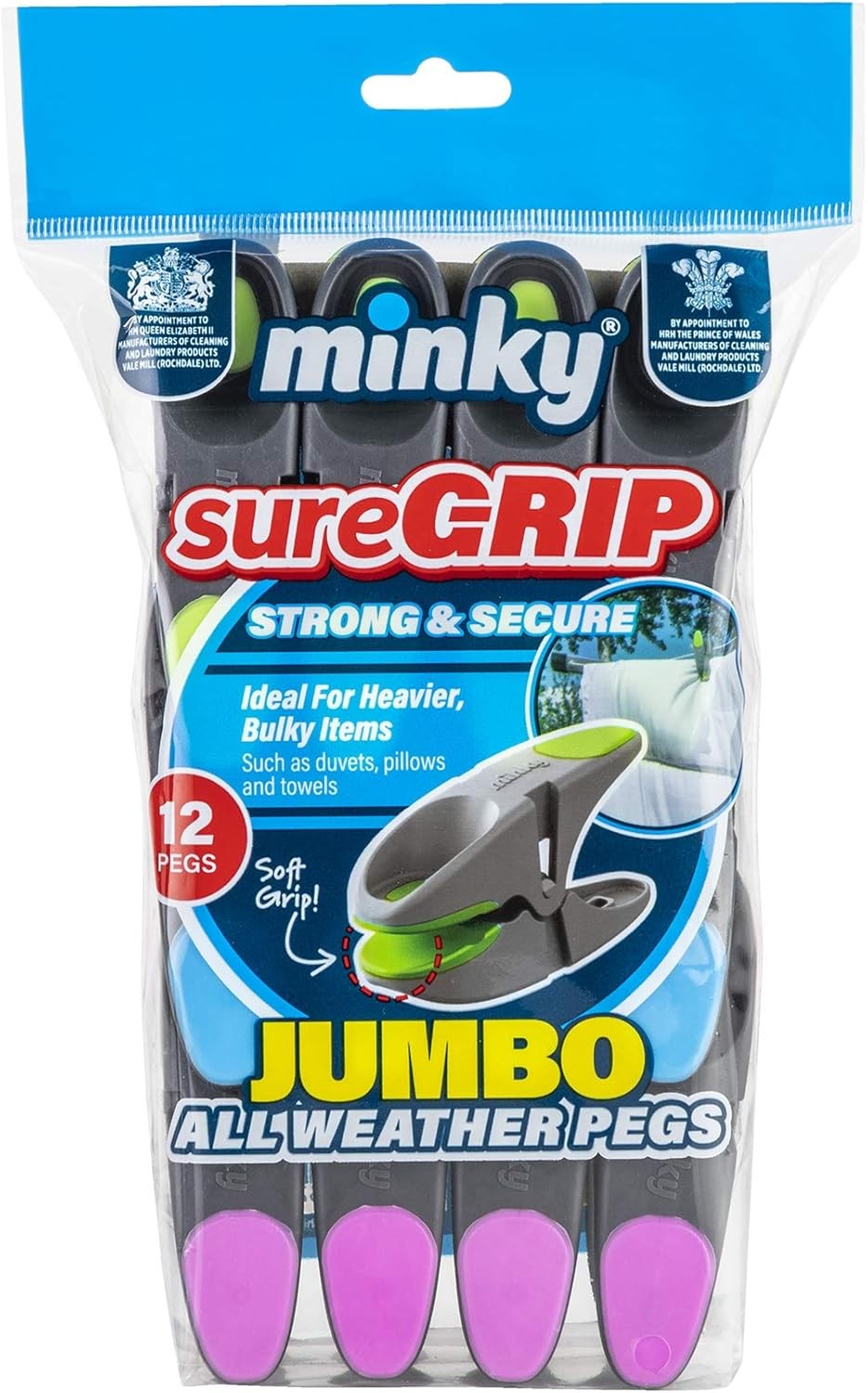 Minky VT86693F10 Sure Grip Jumbo Pegs, Multi-Colour, Pack of 12