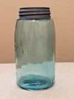 Antique Aqua Blue Glass Mason Fruit Jar with Metal Lid Number 4 — photo 3