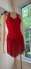 Women  s Red Halter Fringe Dance Leotard Costume w/ Mesh Insets Rhinestone