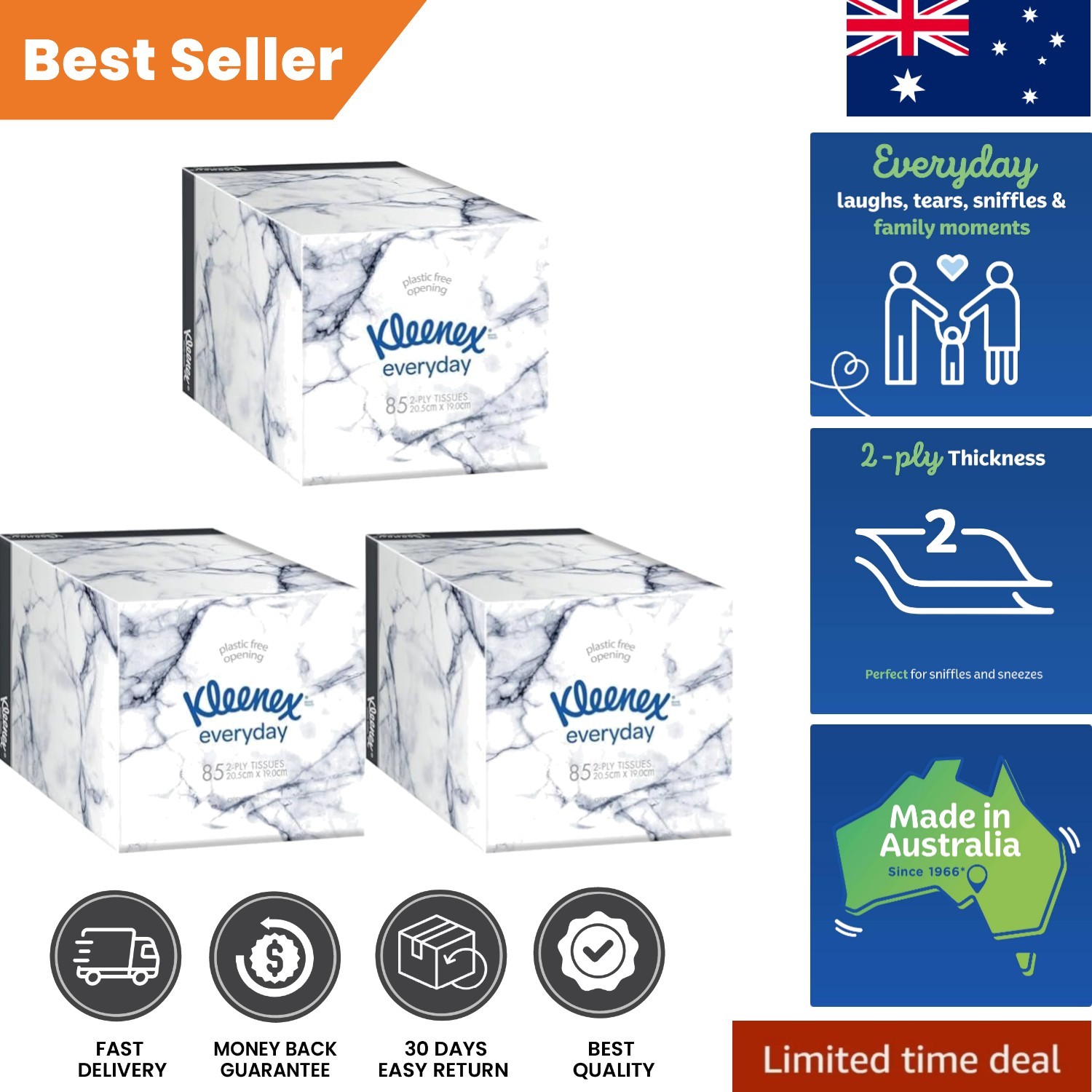 Soft and Absorbent 2-Ply Facial Tissues - 3 Eco-Friendly Boxes, 85 Count Each