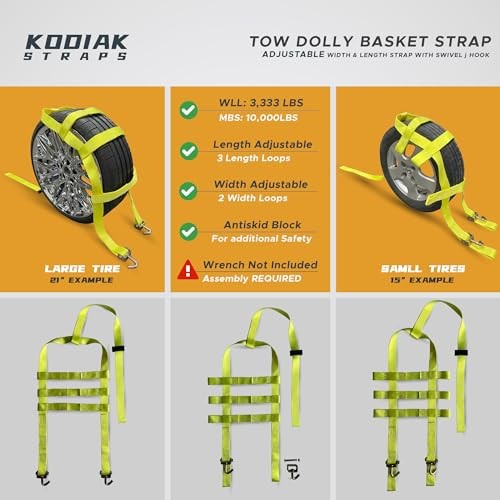 KODIAK STRAPS Adjustable Wheel Net Tow Basket Straps with Swivel J Hooks (2 