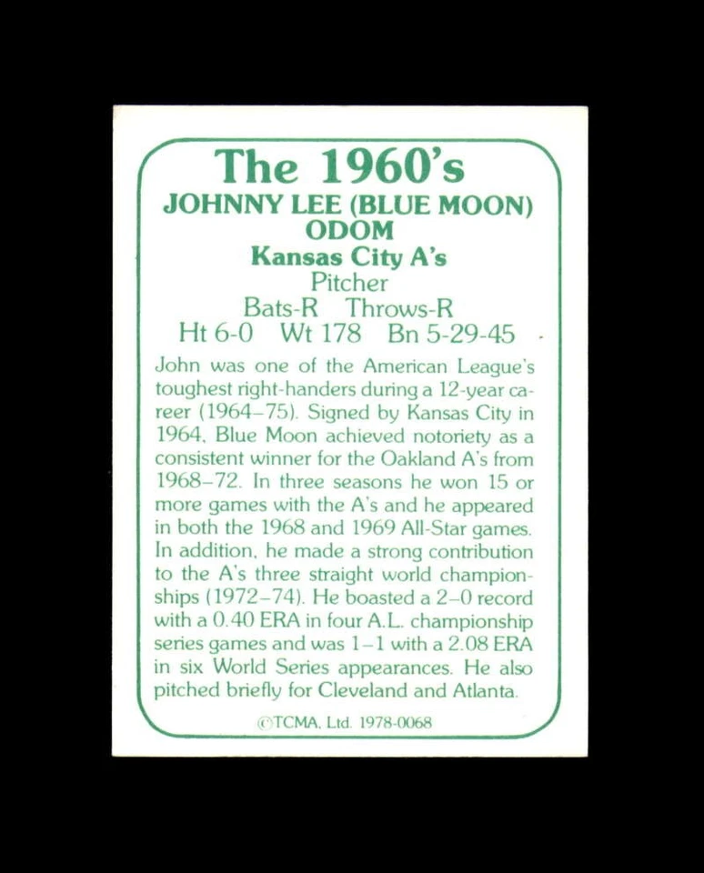 John Blue Moon Odom Signed 1978 TCMA The 60s Kansas City Athletics Autograph - Image 2 of 2