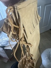 Minnetonka Tall Fringe Lace Up Boots Womens 6 Tan Suede Moccasin Boho Western
