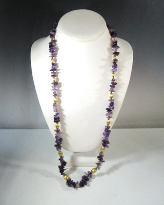 Vintage Miriam Haskell Amethyst Nugget Chip Gold Plate Bead 28'' Necklace