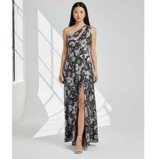Betsy Adam Women's Metallic-Floral One-Shoulder High Slit Gown Size 4 NWT