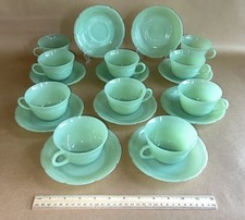 Vintage Fire King Anchor Hocking Glass Jadeite Green Set 10 Alice Cups & Saucers