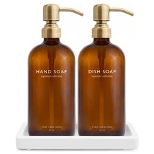 Amber Glass Soap Dispenser Set, Kitchen Soap Dispenser Set with Ceramic Tray,...