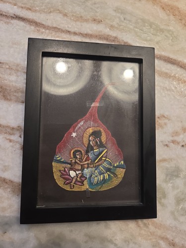 ORIGINAL INDIAN VINTAGE ART - A PEEPAL TREE LEAF PAINTING 6" x 8" frame