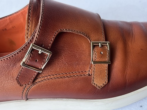 Santoni Mens Size 11 Shoes Sneakers Double Monk Strap Leather Brown Preppy Italy - Picture 7 of 9