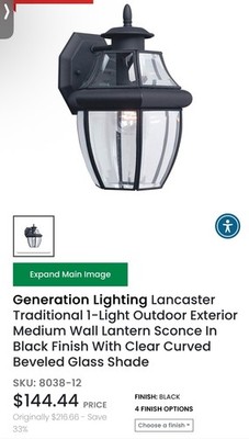 Generation Lighting Lancaster Traditional 1-Light  Medium Wall Sconce In Black