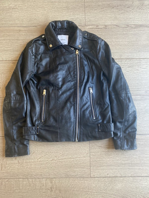 Mango Damen Echt Schwarz Leder Jacke Größe EU S UK 8 Brustumfang 34''