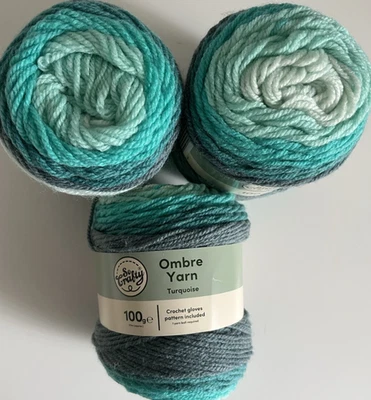 Turquoise ombre yarn cakes 3 x 100g balls So Crafty 300g aran 20% wool knitting