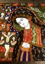 Art postcard Jesus on cross Mother Mary Romanian Peasant Museum unused