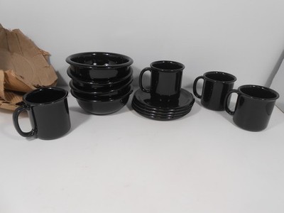 Rare Set of 12  Crown Corning  PREGO BLACK Cereal Bowls, Mugs, Saucers. Italy