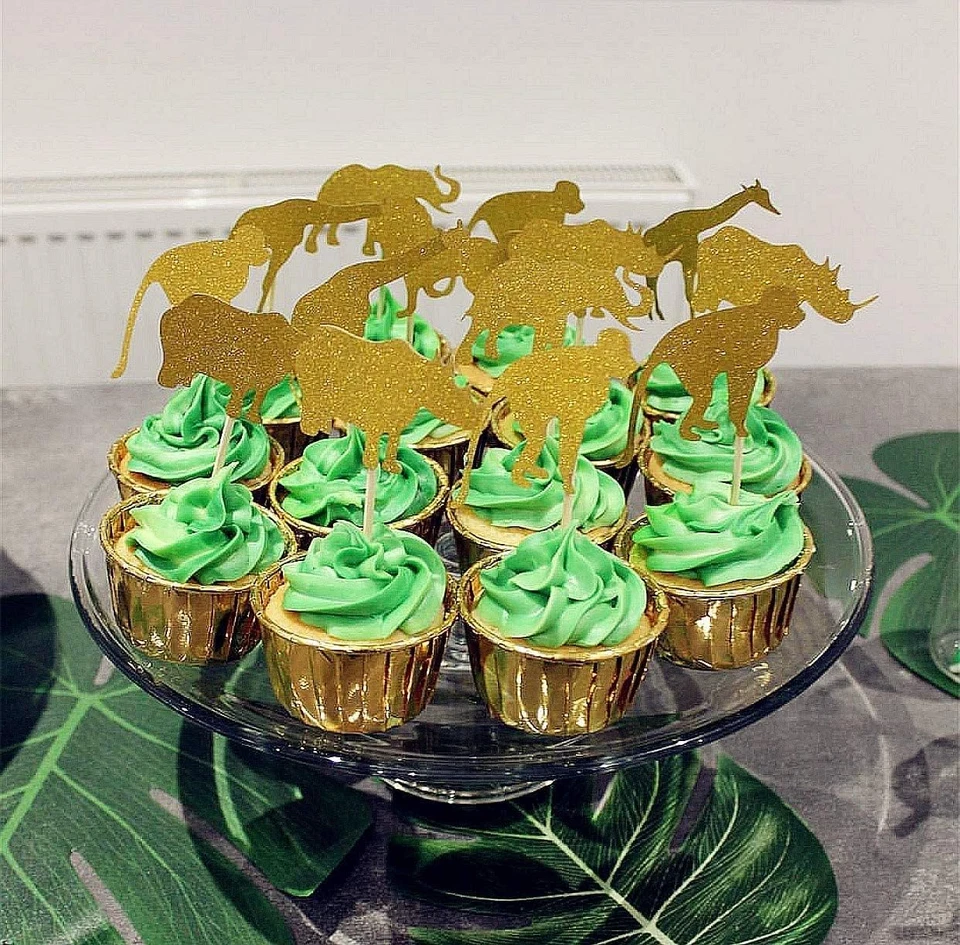 30 Piezas Oro Brillo Selva Safari Animal Cupcake Toppers Animales de la Selva Pastel Dec Foto 3 de 4