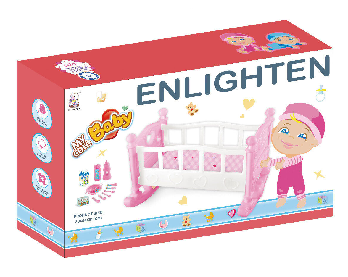 46cm Pink Baby Dolls Bed Rocking Cradle Crib Cot Toy With Feeding