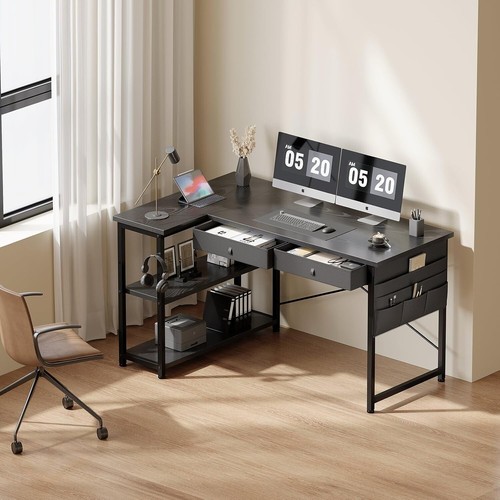 47” L Shaped Computer Corner Desk for Small Space Side Storage for Bedroom Black - Picture 2 of 7