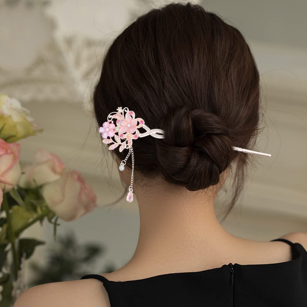 5 Colors Chinese Flower Hair Sticks Retro Glitter Rhinestone Hairpin Tassel