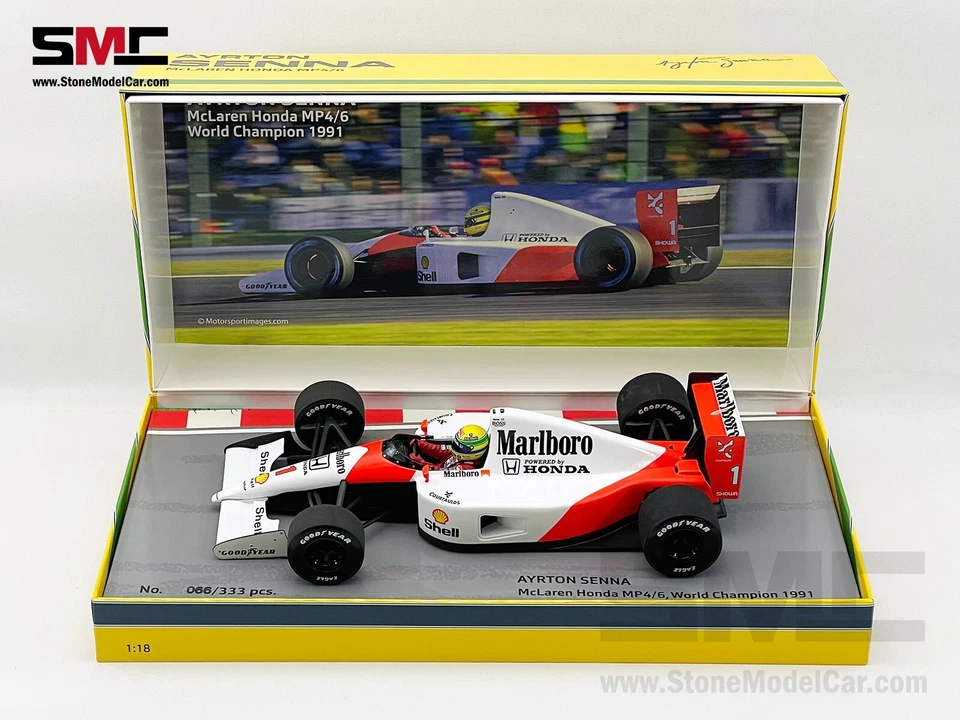 Mclaren MP4/6 Ayrton Senna 1991 F1 World Champion 1:18 MINICHAMPS Box with Decal - Image 2 of 4